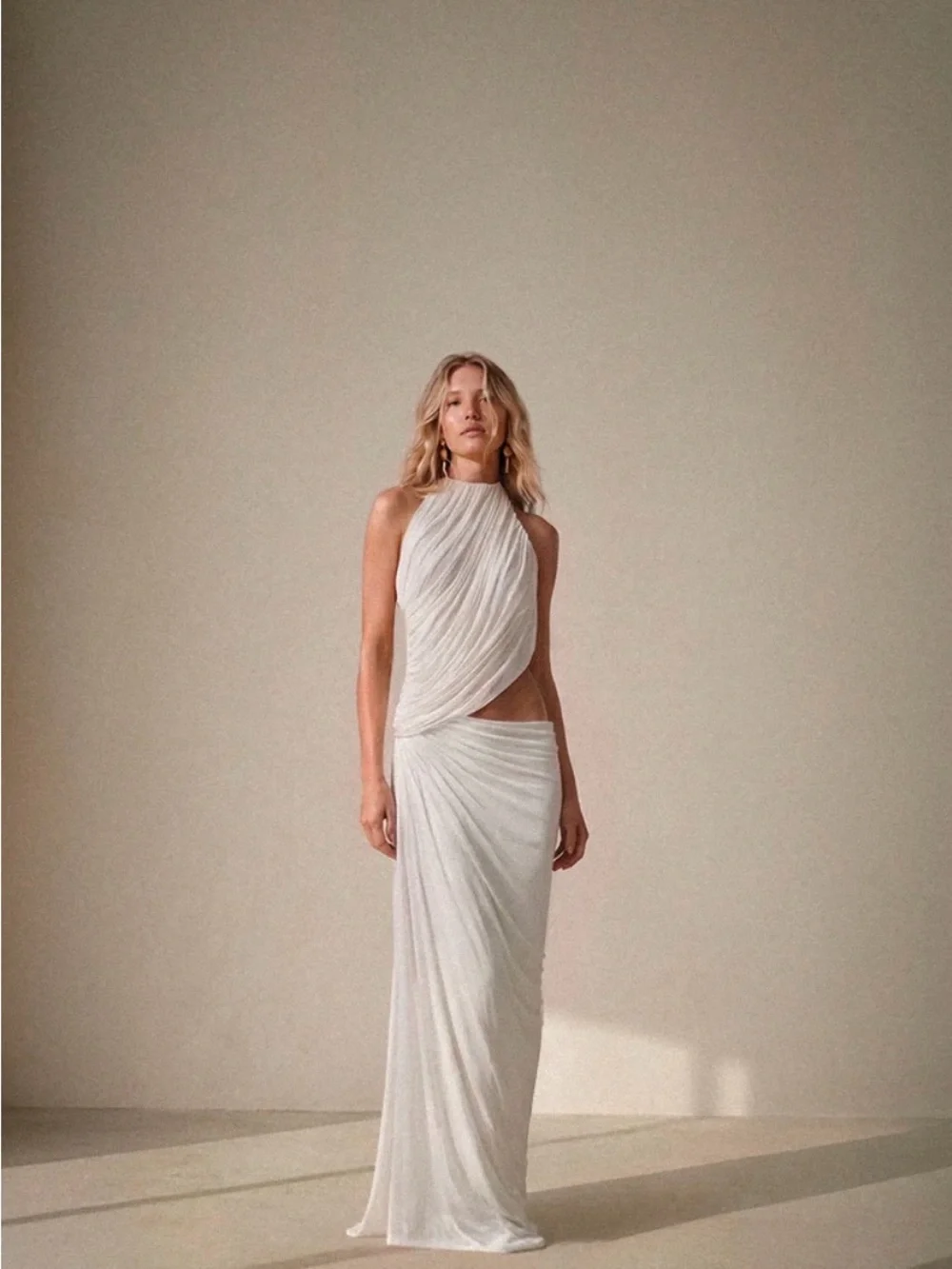 Draped Halter White Maxi Dress with Side Cutout